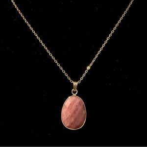 ✨2 for $30✨ Natural Rhodonite Pink Stone Pendant (Gold Tone Chain Necklace)